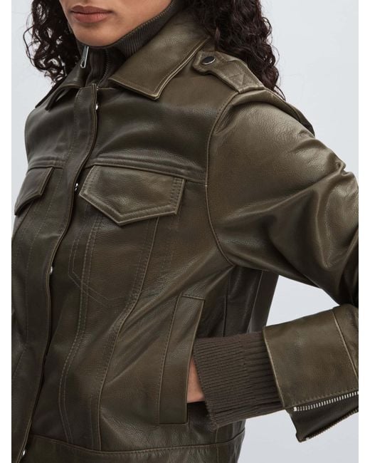 PAIGE Brown Leather Cropped Bomber Jacket