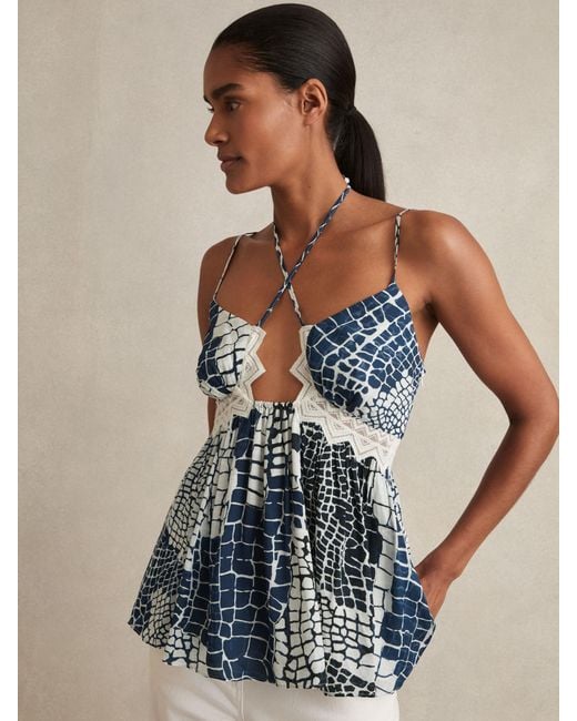 Reiss Blue Animal Print Lace Trim Cami Top