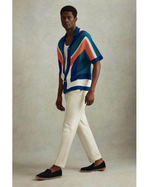 Reiss Blue Panko - Bright Multi Cotton Blend Crochet Cuban Collar Shirt, Xl for men