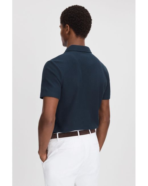 Reiss Blue Felix - Navy Textured Cotton Half Zip Polo Shirt for men