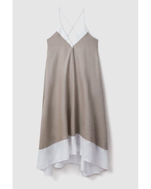 Reiss Natural Stevie - Ivory/taupe Linen Colourblock Cross-back Midi Dress