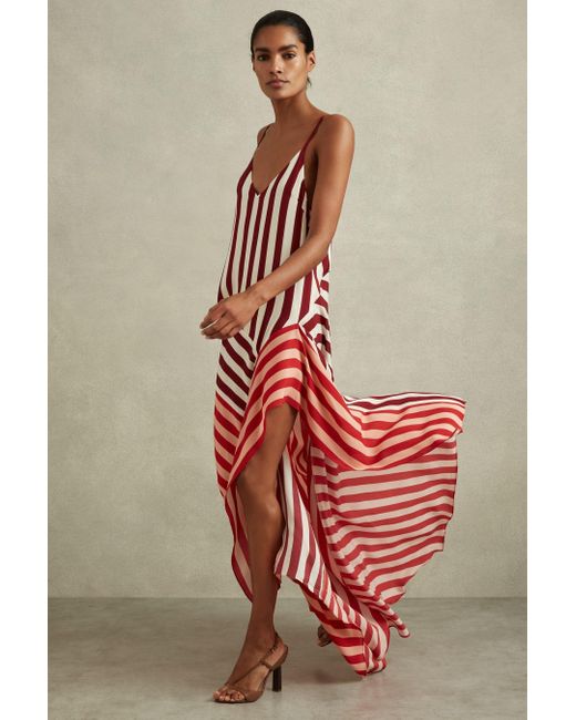 Reiss Red Holly - Burgundy/off White Colourblock Stripe Asymmetric Midi Dress, Us 6