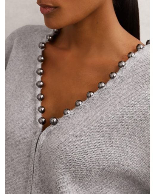 Reiss Gray Wool-Blend Beaded-Trim Cardigan With Cashmere