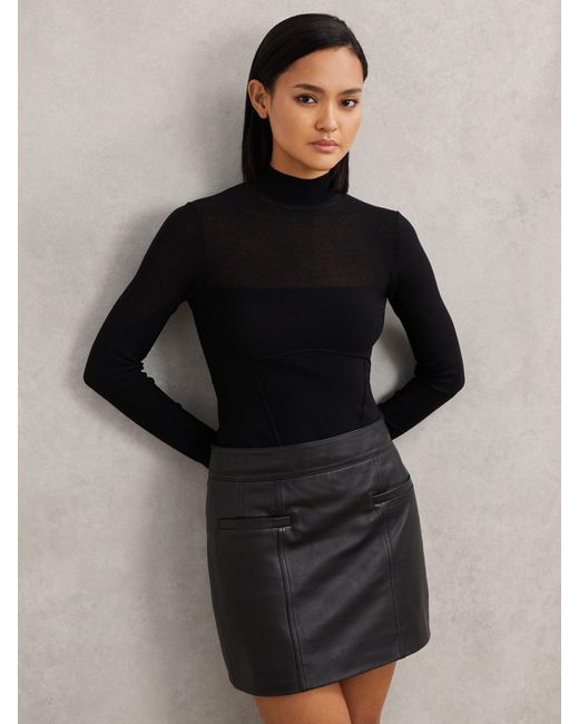 Reiss Black Mesh Funnel-Neck Knit Top