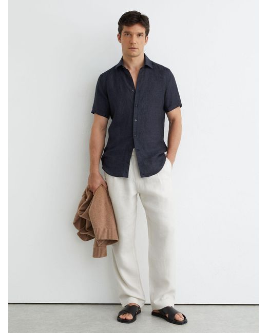 Reiss Blue Linen Short Sleeve Shirt for men