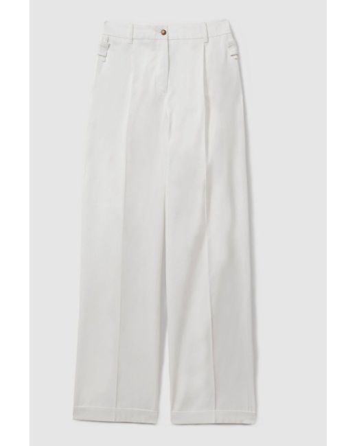 Reiss Natural Harper - White Cotton Wide Leg Suit Trousers