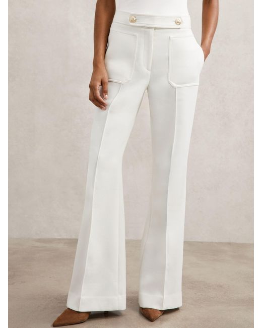 Reiss Natural Twill Button-Tab Flared Trousers With Wool