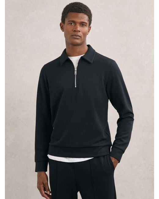 Reiss Black Premium Interlock Half-Zip Polo Sweatshirt for men
