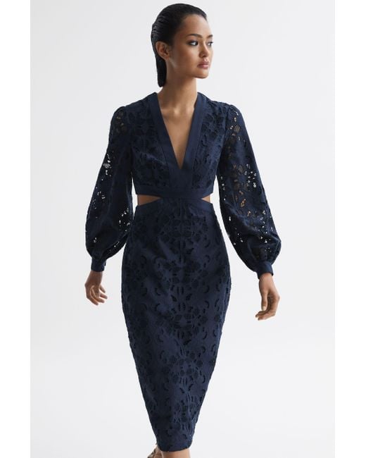 Reiss Blue Zena - Navy Lace Cut-out Midi Dress, Us 0