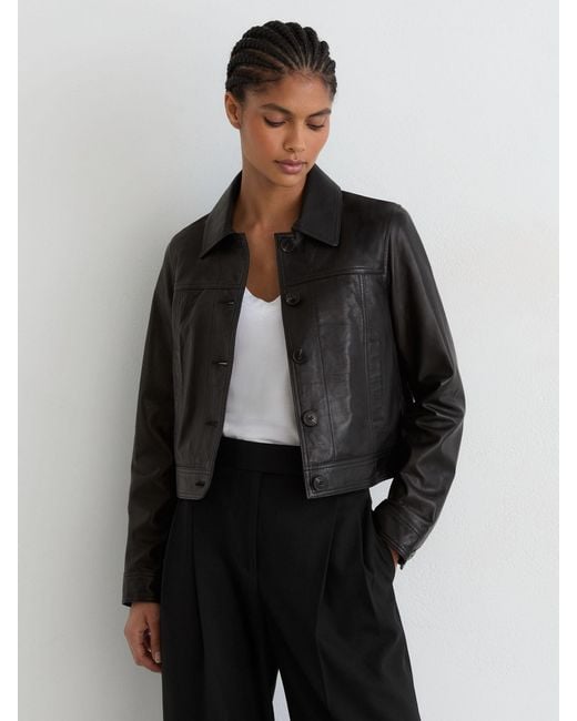Reiss Gray Leather Trucker Jacket