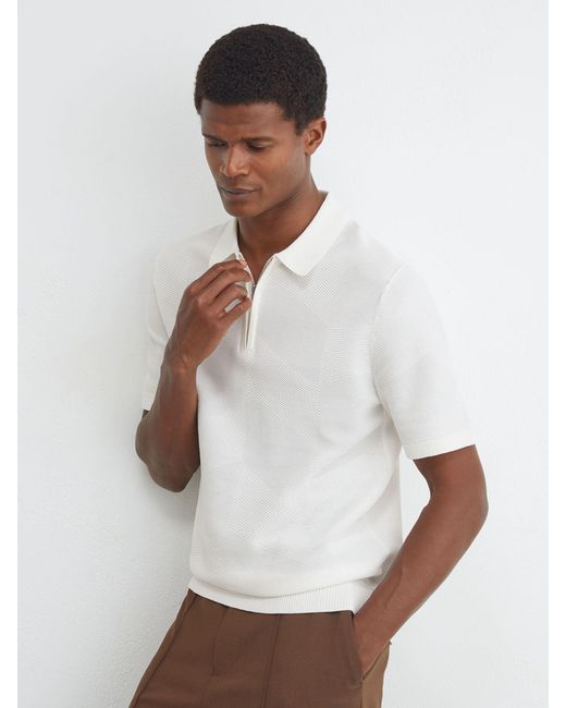 Reiss White Cotton-Blend Chevron-Knit Half-Zip Polo for men
