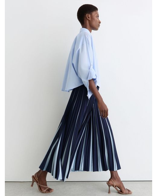 Reiss Serena - Navy/pale Blue Contrast Pleated Midi Skirt, Us 8