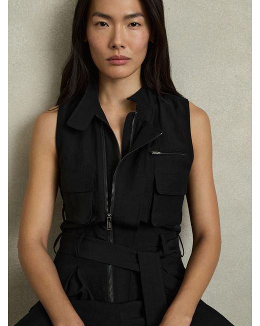 Reiss Black Utility Zip Through Jumpsuit With Linen