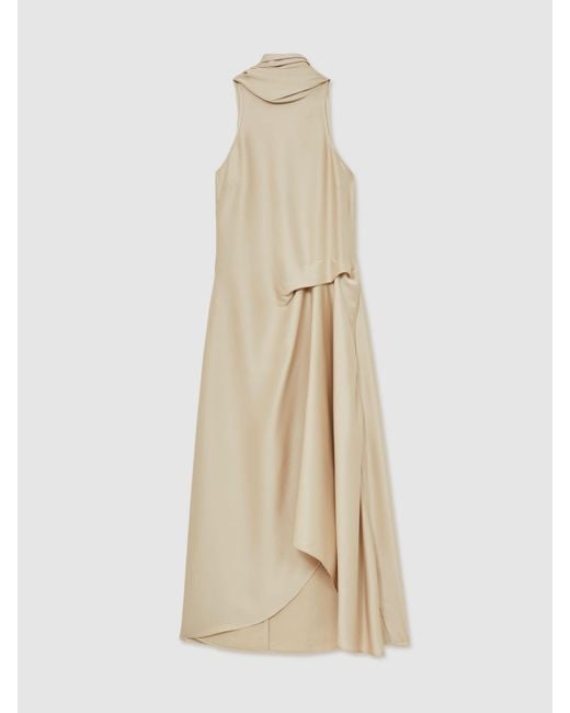 Reiss Natural Michelle - Champagne Neutral Satin Tuck-detail Cape Midi Dress, Us 10