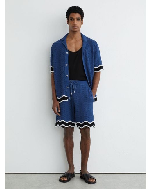 Reiss Blue Cotton-Blend Wave-Knit Tipped Shorts for men
