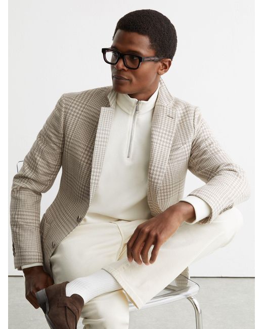 Reiss Natural Bardo - Soft Grey Cotton And Wool Single-breasted Blazer Classic-fit In Check, 44 for men
