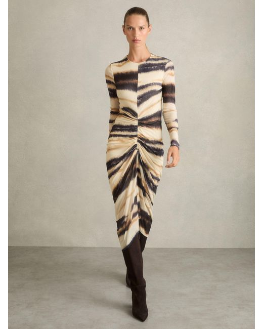 Reiss Natural Georgia Dress Lyocell Abstract Print, Neutral
