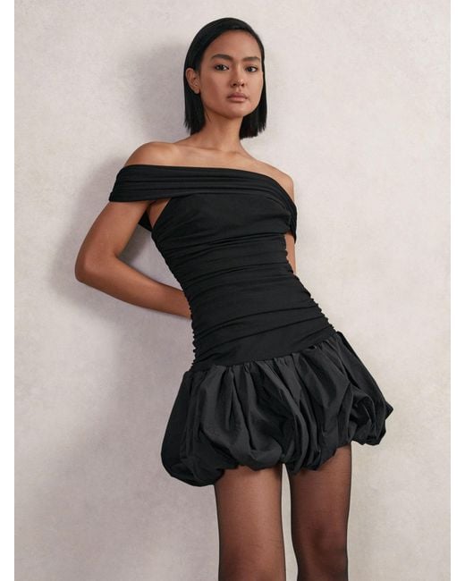 Reiss Black Off-Shoulder Puffball Mini Dress