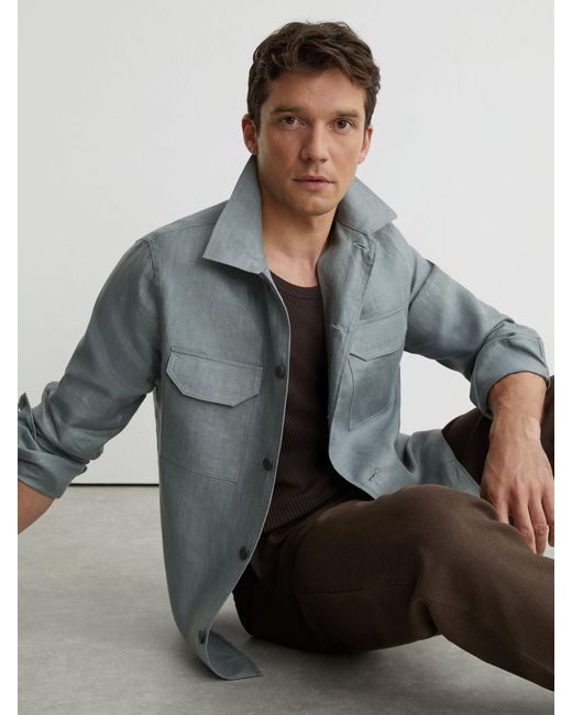 Reiss Blue Linen Herringbone-Stripe Regular-Fit Shirt for men