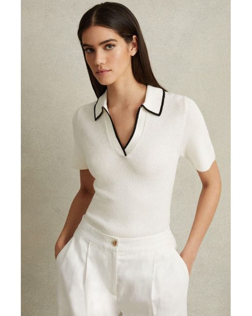 Reiss Natural Seleena - Ivory/black Linen Blend Open Collar Polo Shirt