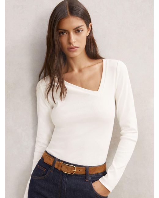 Reiss White Stretch Cotton Asymmetric Neck Top