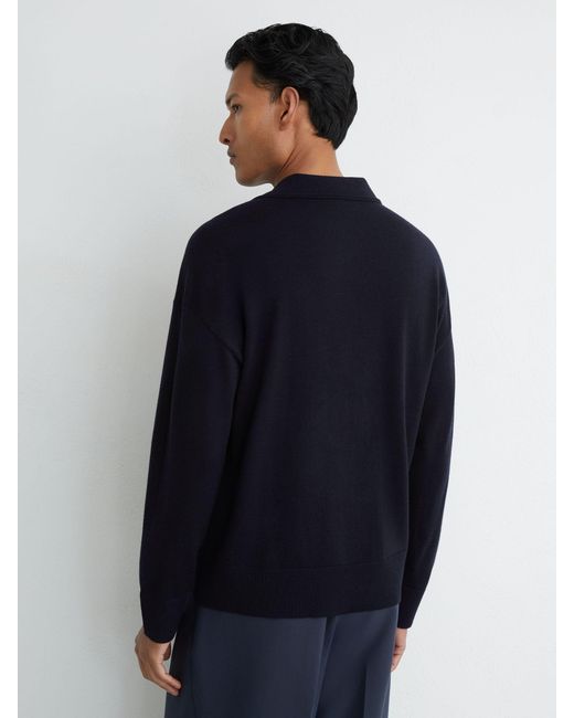 Reiss Blue Merino Wool Open-Collar Polo Jumper for men