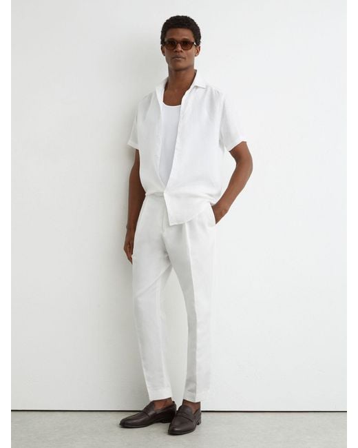 Reiss White Linen-Blend Side-Adjuster Tapered Trousers for men