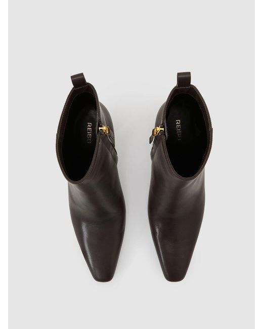 Reiss Brown Leather Chisel-Toe Block-Heel Ankle Boots