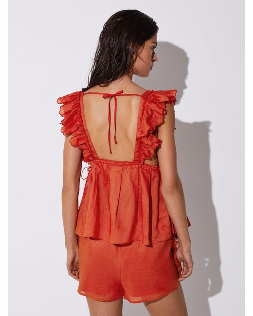 Reiss Red Ruffle Trim Side-Tie Babydoll Top