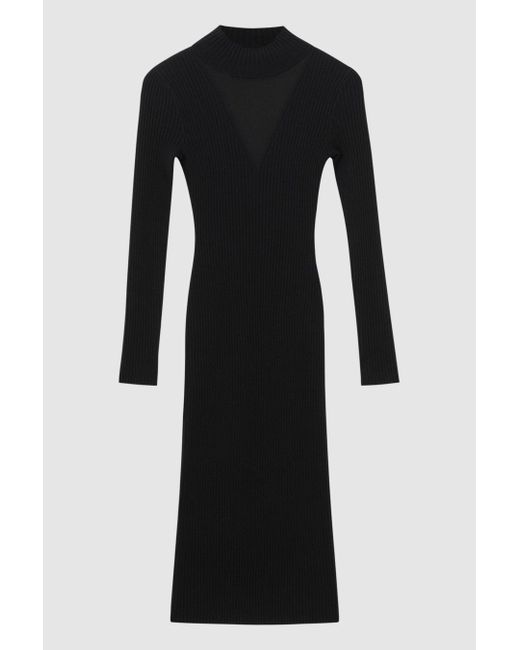 Reiss Sabrina - Black Ribbed Mesh Panel Bodycon Midi Dress