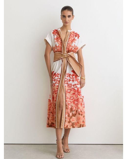 Reiss White Cotton Floral Belted Midi Dress With Stretch