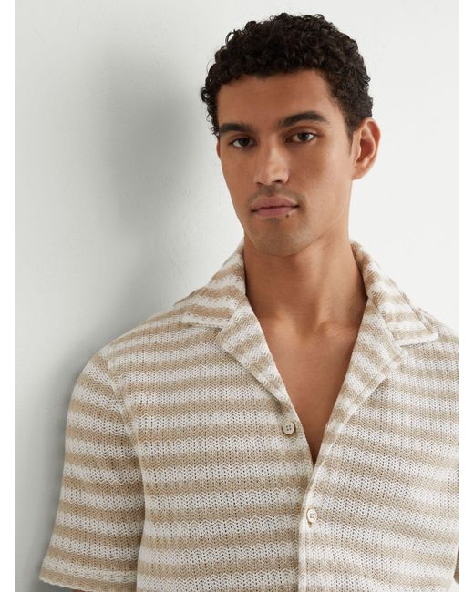 Reiss White Oatmeal Striped Crochet Cuban-Collar Shirt for men