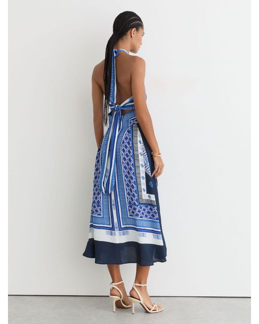 Reiss Blue Scarf-Print Halterneck Midi Dress