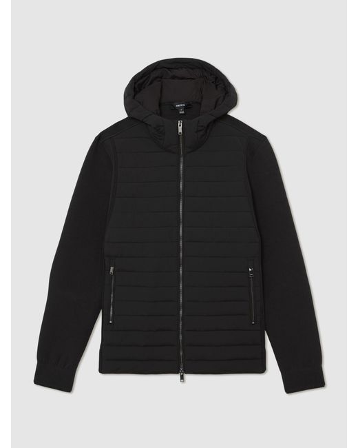 Reiss Black Quilted Hybrid Hooded Zip-Front Jacket for men