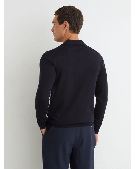 Reiss Blue Merino Wool Long-Sleeve Polo Shirt for men