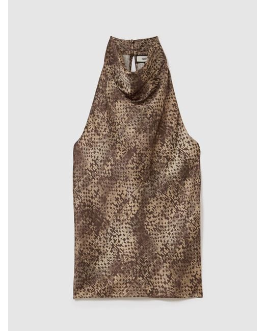 Reiss Brown Silk Printed Cowl-Neck Sleeveless Top