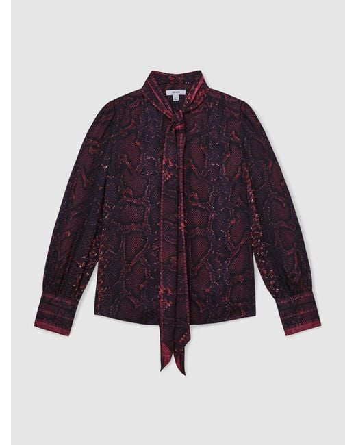 Reiss Blue Snake-Print Tie-Neck Blouse