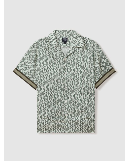 Reiss Gray Idra - Ivory/sage | Ché Monogram Print Cuff Detail Cuban Collar Shirt, L for men
