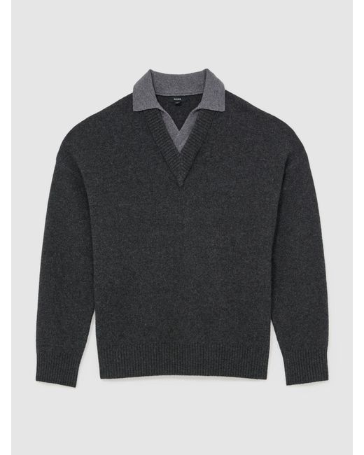 Reiss Black Wool V-Neck Contrast-Collar Jumper for men