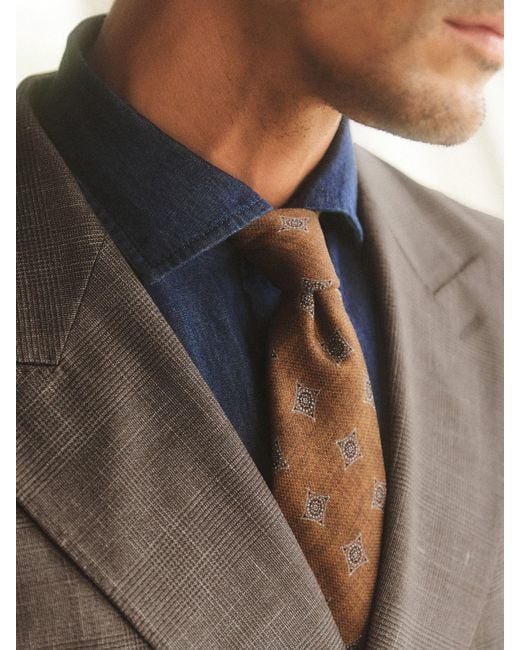 Reiss Brown Wool-Blend Check Double-Breasted Suit Blazer Classic-Fit for men