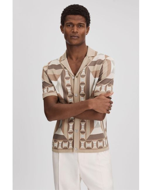 Reiss White Beresford - Camel Multi Knitted Cuban Collar Shirt for men