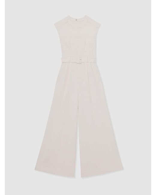 Reiss Natural Sheer-Panel Wide-Leg Belted Jumpsuit