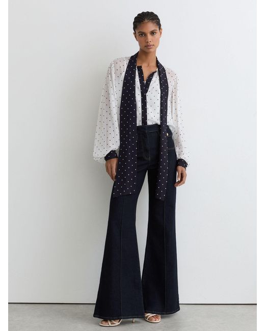 Reiss Blue Arial - Ivory/navy Polka-dot Tie-neck Blouse, Us 14