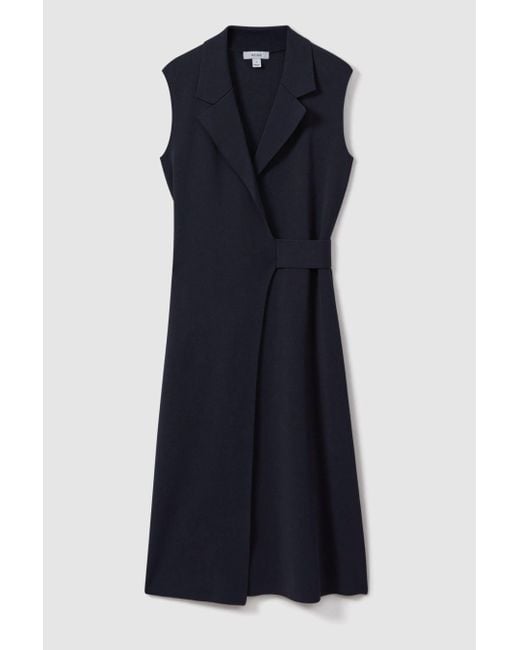 Reiss Blue Elle - Navy Knitted Wrap-front Midi Dress
