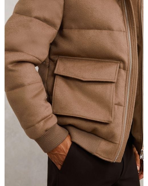 Reiss Brown Faux-Fur Collar Quilted Puffer Jacket for men