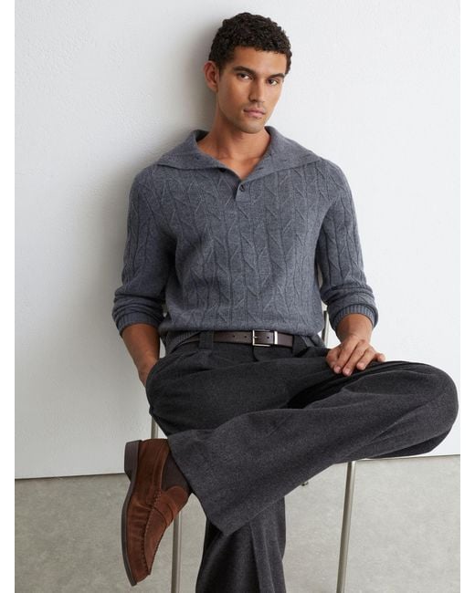 Reiss Gray Wool Stitch-Detail Half-Button Jumper for men