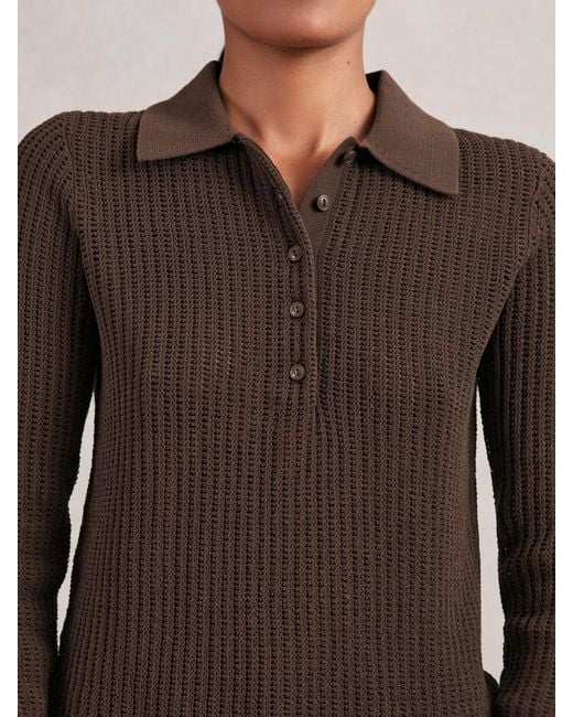 Reiss India - Chocolate Brown Open-knit Long-sleeve Polo Top, Medium