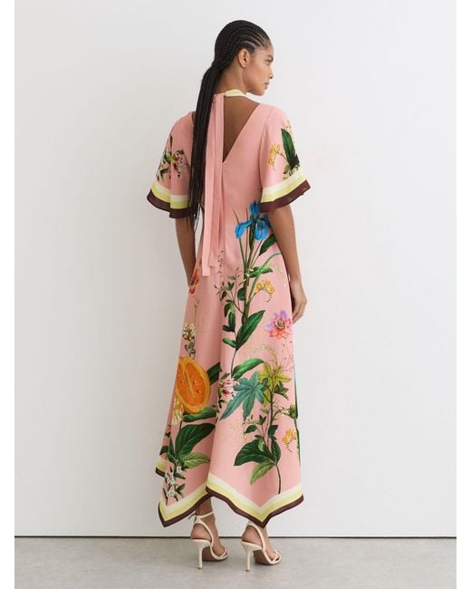 Reiss White Flossy - Pink Floral-print Cut-out Midi Dress, Us 4