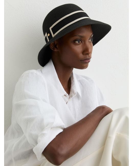 Reiss Black Ribbon-Trim Straw-Effect Hat, S & M