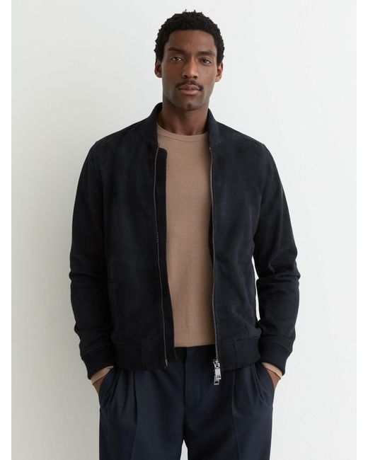 Reiss Blue Bild - Navy Suede Zip-through Bomber Jacket, S for men